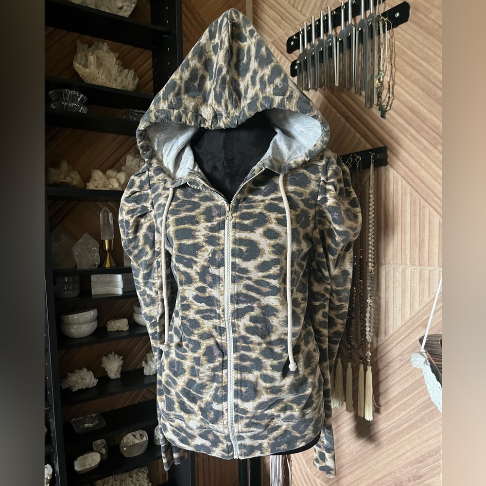 Cute punk puff sleeve cheeta print zip up hoodie size extra small xs brown black